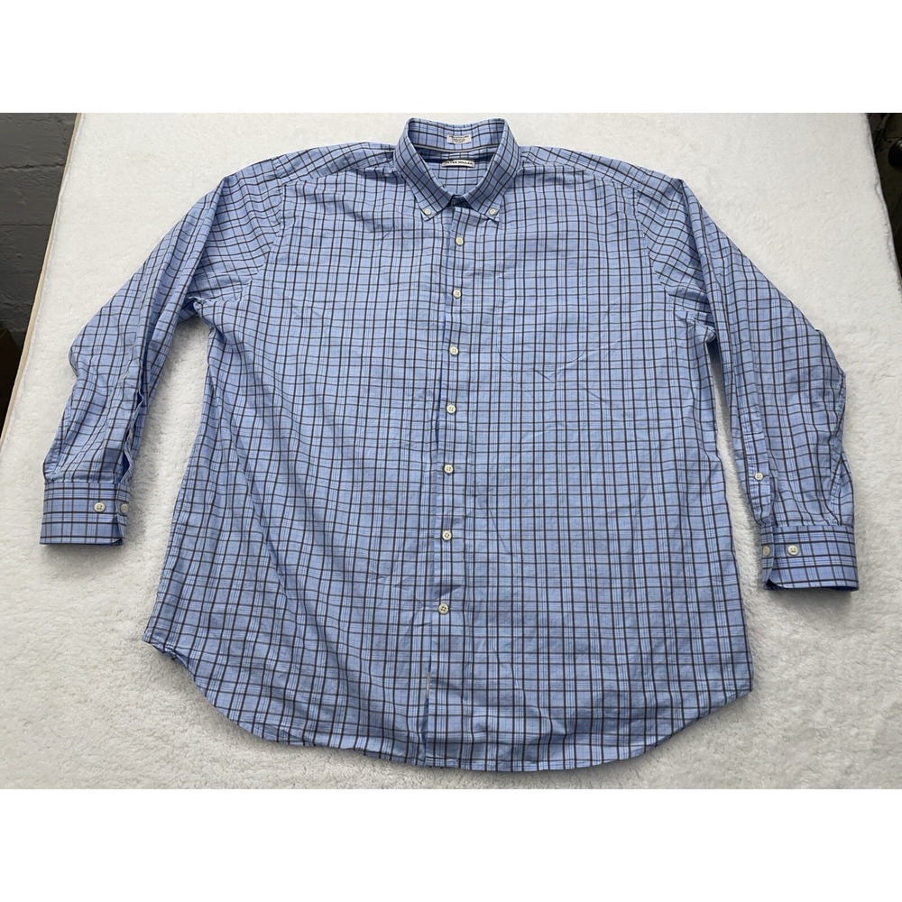 Peter Millar Mens XXL Blue Brown Plaid Cotton Button Down Shirt Long Sleeve